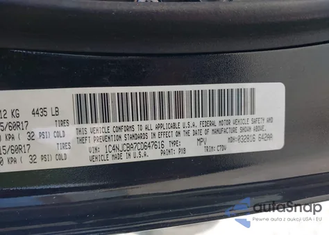 2012 Jeep Compass Sport z USA, uszkodzony, nr VIN 1C4NJCBA7CD647616